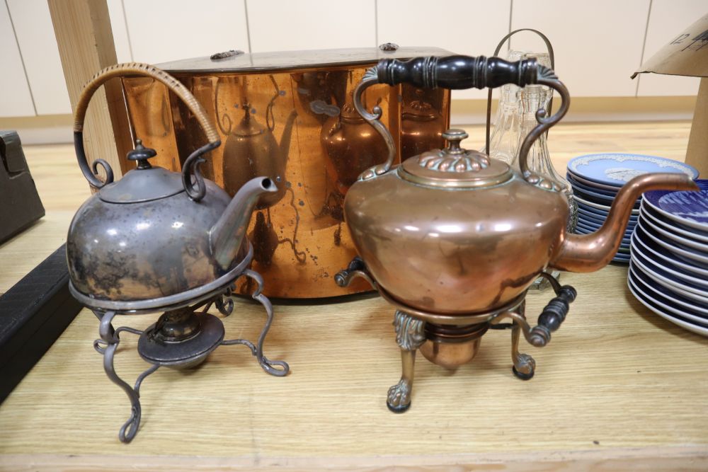 A Christopher Dresser style plated kettle, a copper coal box, a copper kettle and a plated two-bottle decanter stand